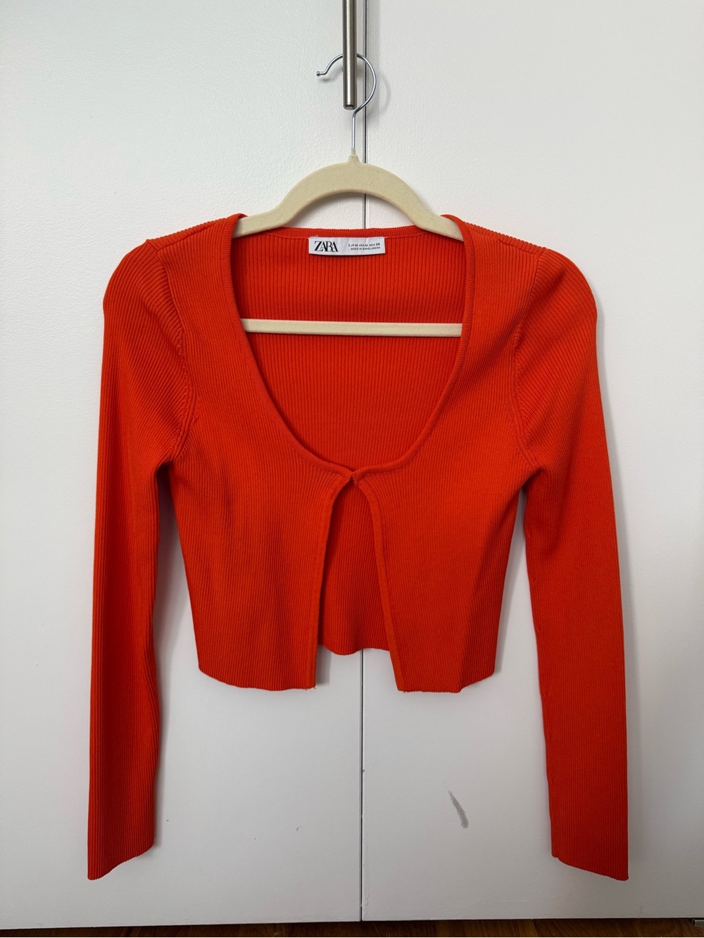 Zara Bright Orange Ribbed Cropped Long Sleeve Top